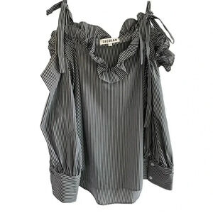 Secular.lab Black White Stripe Cold Shoulder Ruffle Top